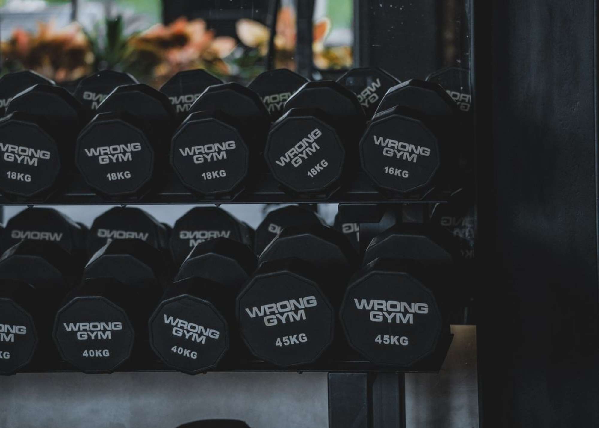 Rack of black hex dumbbells branded with 'WRONG GYM' in a Bali fitness facility, neatly arranged from 16KG to 45KG.