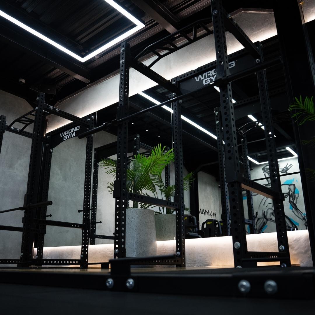 Modern squat rack setup at WRONG GYM in Bali, shown in a sleek, industrial-style room with black metal frames, potted green plants, and a mural in the background. The space features geometric ceiling lights and a minimalist concrete interior.