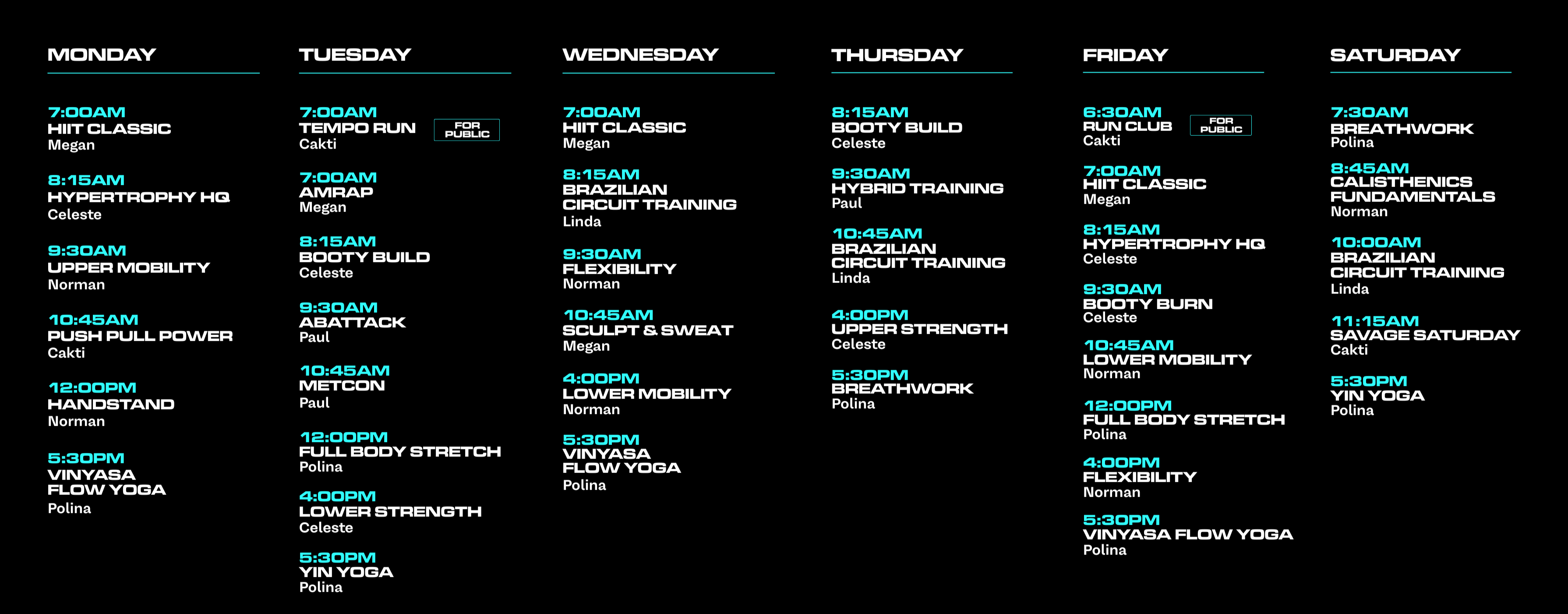 Class schedule for 2025 from Wrong Gym on a black background