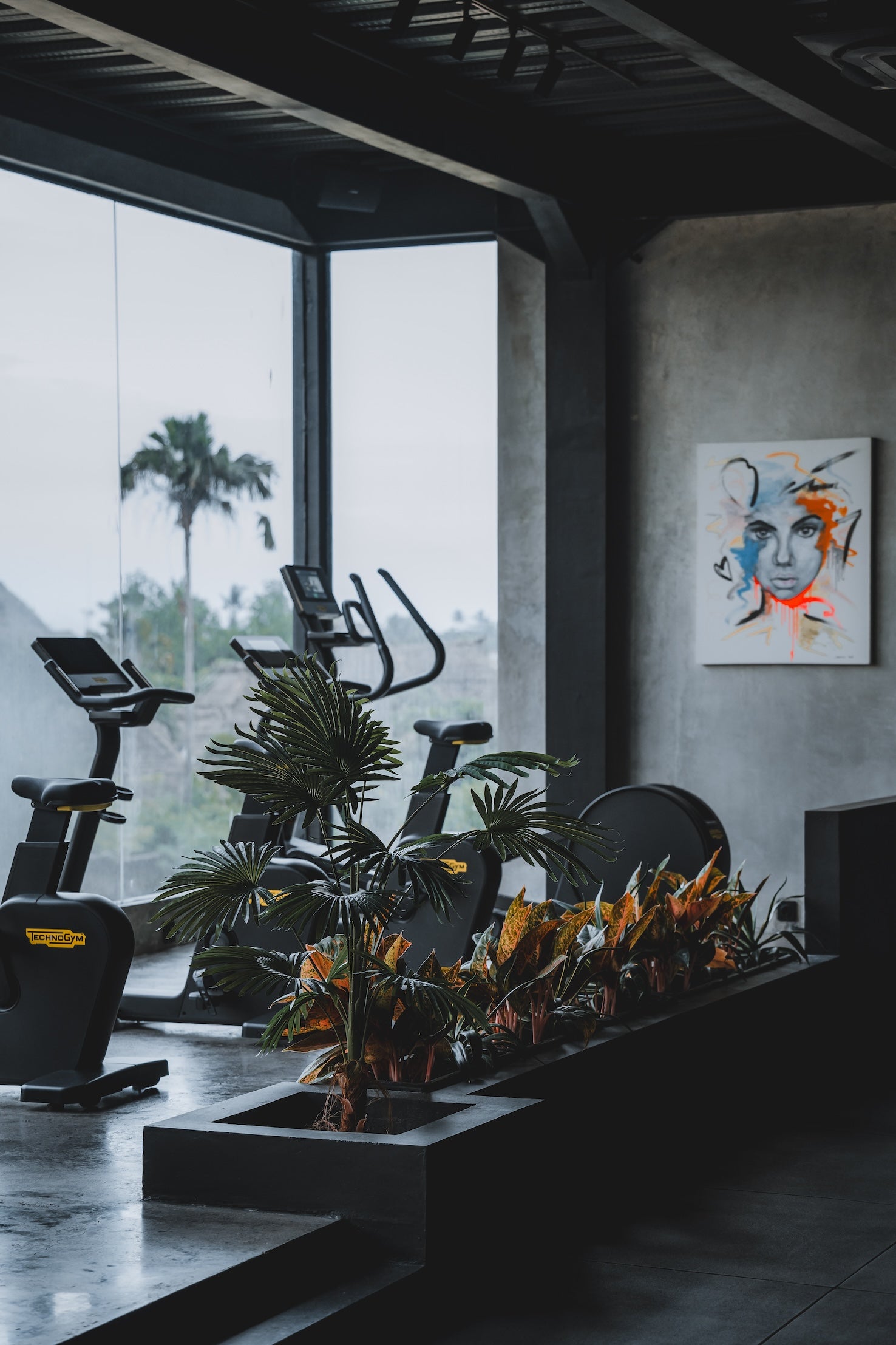 gym bikes in the cardio area of Wrong Gym Bali with an art piece on the wall